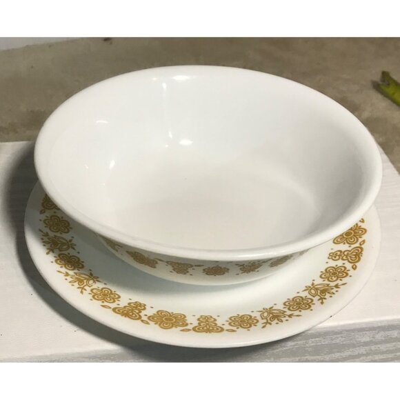 Corelle Vintage Butterfly Gold Floral Salad Cereal Bowl & Salad Toast Plate Set - Picture 2 of 11